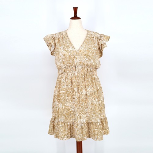 Mini Abito Michael Kors Donna Beige Paisley Boho Svolazzante Maniche Ruffle Taglia L