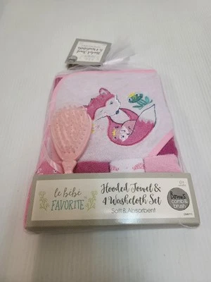Embroidered Hooded Towel & 4 Washcloths Gift Set for Baby w/ Pink Hairbrush - Image 1 of 2