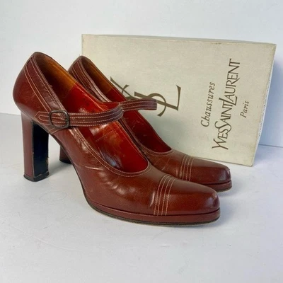 Vintage 1970s YSL Yves Saint Laurent Burgundy Leather Heeled Mary Jane Pumps - Image 1 of 4