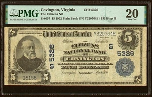 1902 $5 Covington, VA Plain Back Fr. 607 The Citizens National Bank Ch. # - Picture 1 of 2