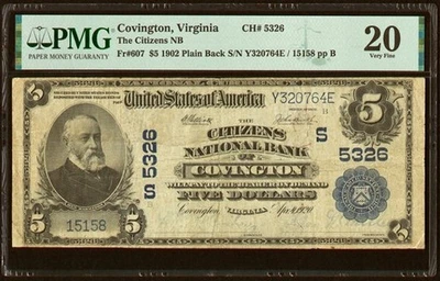 1902 $5 Covington, VA Plain Back Fr. 607 The Citizens National Bank Ch. # - Image 1 of 2