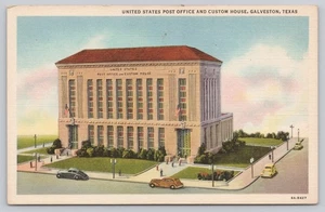 United States Post Office & Custom House Galveston Texas Leinen Postkarte alte Autos - Bild 1 von 2