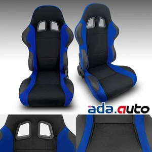 Reclinable Blue&Black Stitching Pineapple Fabric Racing Seats Left+Right Pair - Picture 1 of 7