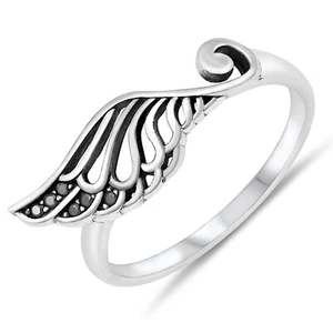 Angel Wing with Black CZ 7mm Solid 925 Sterling Silver Ring Sizes 4-10 - Picture 1 of 4