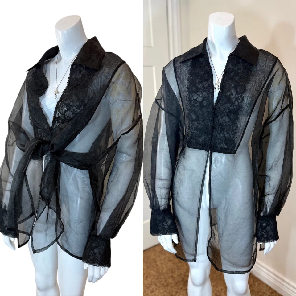 Vintage 90’s OVERSIZED ORGANZA SHIRT w LACE Black Sheer Goth Grunge Button Down - Image 1 of 4