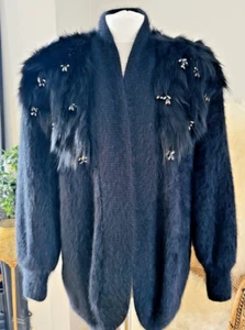 Stunning Vintage Black Angora Embellished Cardigan/Coat/Jumper, Size L (8-14) - Picture 1 of 14
