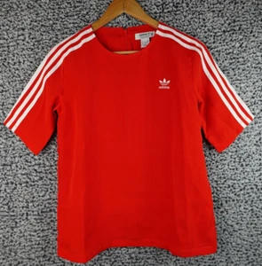 Adidas Womens Red Woven Logo SAMPLE 3 Stripe Short Sleeve Zip Back Top Small - Picture 1 of 14