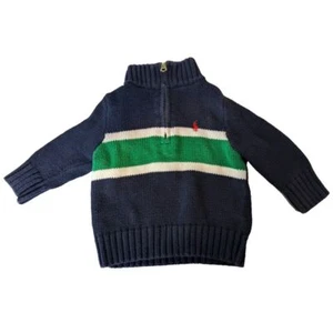 Polo Ralph Lauren Boys 12M Sweater Blue Green White Striped 1/4 Zip 100% Cotton - Picture 1 of 7