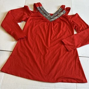 Women Sequin Red Cold Shoulder Off Shoulder Top Shirt Quarter Sleeve V Neck Sz M - Picture 1 of 11