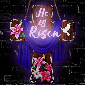 Easter Decorations Door Sign He Is Risen Religious Cross Signs Wooden Hanging Ch - Picture 1 of 12