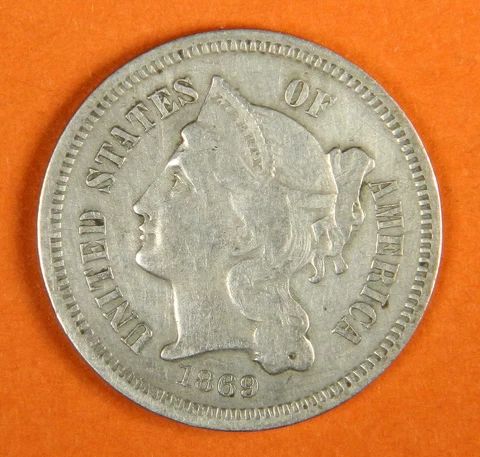 1869 Three Cent Piece Nickel ~ VG VERY GOOD TO FINE  3c US Type Coin Collectible Cover