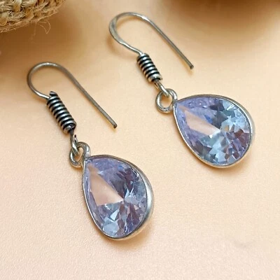 White Faceted Topaz Glass 925 Sterling Silver Plated 1 Pair Hook Women Earring - Image 1 of 3