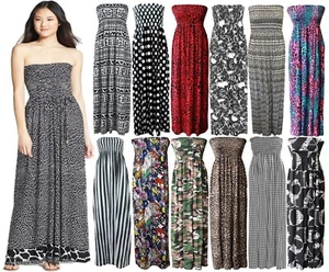 Womens Ladies Sheering Boobtube Bandeau Long Summer Strapless Maxi Dress UK 8-22 - Picture 1 of 9