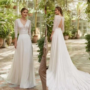 Summer Boho Wedding Dresses Lace 3/4 Sleeves Bridal Gowns Beach V Neckline - Picture 1 of 9