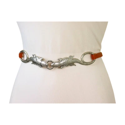 Mujeres Naranja Estrecho Salir Moda Cinturón Plata Metal Cadena Lagarto Dije S M L Foto 1 de 4