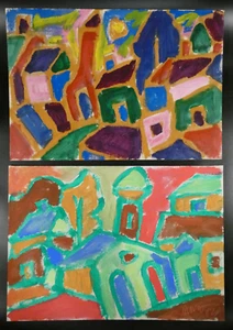 2x Gemälde Miklos Nemeth Stadt Kirchturm Häuser 1977 1984 44/46x64 cm - Bild 1 von 9