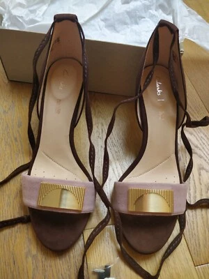  New Clarks High Heel Suede Leather Strappy Sandals, Nude/Brown/Gold, Size 6.5 D - Image 1 of 4