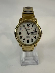 Vtg Timex Easy Reader Watch Men 35mm Gold Tone Day Date Stretch Band New Battery - Picture 1 of 6