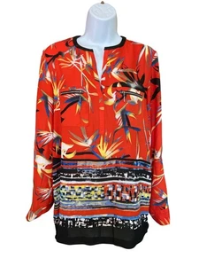 Rafaella Studio Abstract Blouse S Red Zip Pocket Roll Sleeve Y2K Artsy Lagenlook - Picture 1 of 7