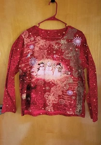 Red Vintage Women's Holiday Editions Snowman Winter Christmas Shirt Size L AOP - Picture 1 of 3