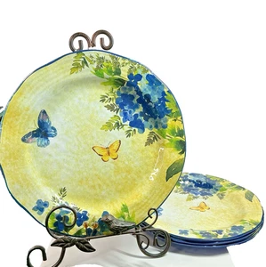 Pier 1 Butterfly floral Melamine Dinner Plates Set of 4 Blue Yellow - Picture 1 of 11
