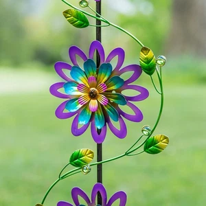 71"H Garden Stake with Spinning Flowers, Violet Trio - Picture 1 of 4