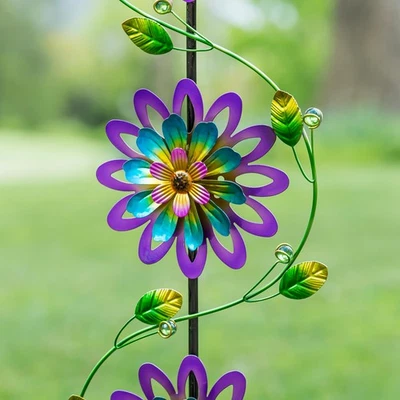 71"H Garden Stake with Spinning Flowers, Violet Trio - Image 1 of 4