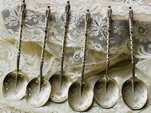 6 Wilkens German Gilt 800 Silver Bonbon Spoon Engraved Twisted Ornate 4.23 oz - Picture 1 of 17