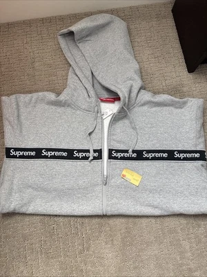 Sudadera con Capucha SUPREME Texto Rayas Cremallera Gris Jaspeado FW19 XL NUEVA Foto 1 de 4