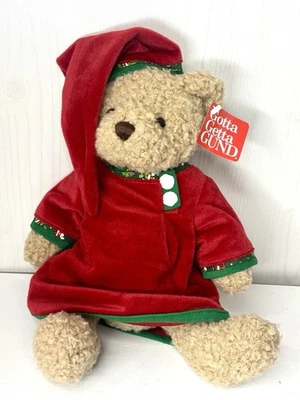 NWT RARE GUND Christmas Holiday Tan Teddy Bear Plush Santa Hat Red Nightgown 15” - Image 1 of 4