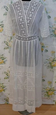 1910-15 Gibson Girl  White Long Cool Cotton Lawn Dress w. Lace Grad / Wedding M - Image 1 of 4