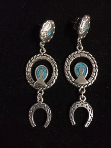 Horseshoe Silver Tone Turquoise Pierced Earrings ! - Picture 1 of 1