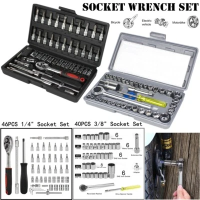 46/40PCS 1/4" 3/8" Ratchet Wrench Socket Set Screwdriver Bits Car Repairing Kit - Image 1 of 4