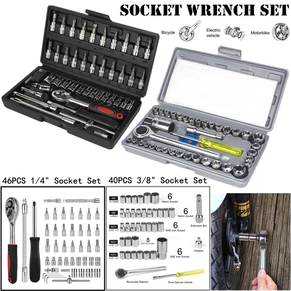 1/4" 3/8" Ratchet Wrench Socket Set 46/40PCS Screwdriver Bit Car Repairing Tools - Image 1 of 1
