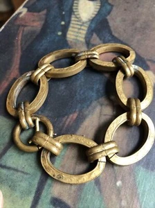 Antique Victorian Chunky Brass Metal Fancy Engraved Link Chain Bracelet - Picture 1 of 8