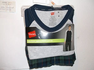 NEU HERREN HANES L/S REGLAN TOP & FLANELL HOSE PJ SET in GRAU & GRÜN SCHWARZ KARIERT - Bild 1 von 5