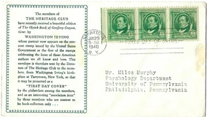 1940 FDC Washington Irving SC#859, 1st Cachet The Heritage Club - Picture 1 of 1