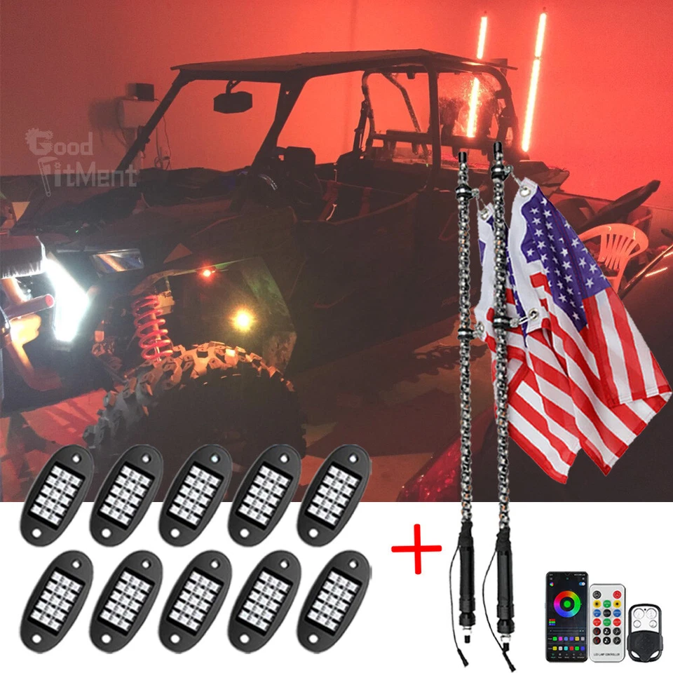 3FT Spiral LED Whip Lights + 10-Pods RGB Rock Lights For John Deere Gator HPX TH - Image 1 of 4