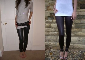 PETITE LENGTH HIGH RISE Leggings Pants WET LOOK Black, Sizes 6 - 20 - Picture 1 of 3