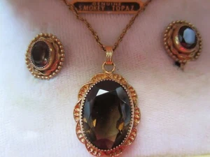 vintage genuine smoky topaz 12k gold plated necklace & earing set 10g - Picture 1 of 10