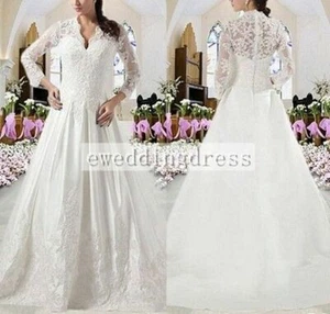 New A-Line lace 3/4 sleeve Fully Covered Back Wedding Bridal Dress Custom Size - Picture 1 of 5