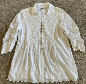 Parsley & Sage Women L Top Artsy Buttons Embroidered White Cotton Blouse Boho - Picture 1 of 12