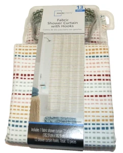 New Print Fabric Shower Curtain with 12 Hooks Mainstays 13 Pieces 72"X72" Square - Picture 1 of 2