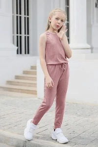 Girls Sleeveless Solid Casual Jumpsuit Rompers Pockets Snap Buttons Pink Size 12 - Picture 1 of 9