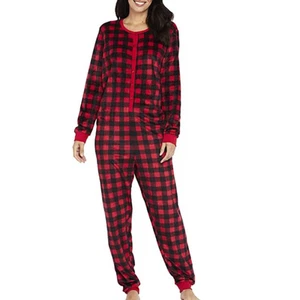 Buffalo Check Plaid Pajamas Union Suit Fleece XS Red Black Christmas Holiday NEW - Picture 1 of 7