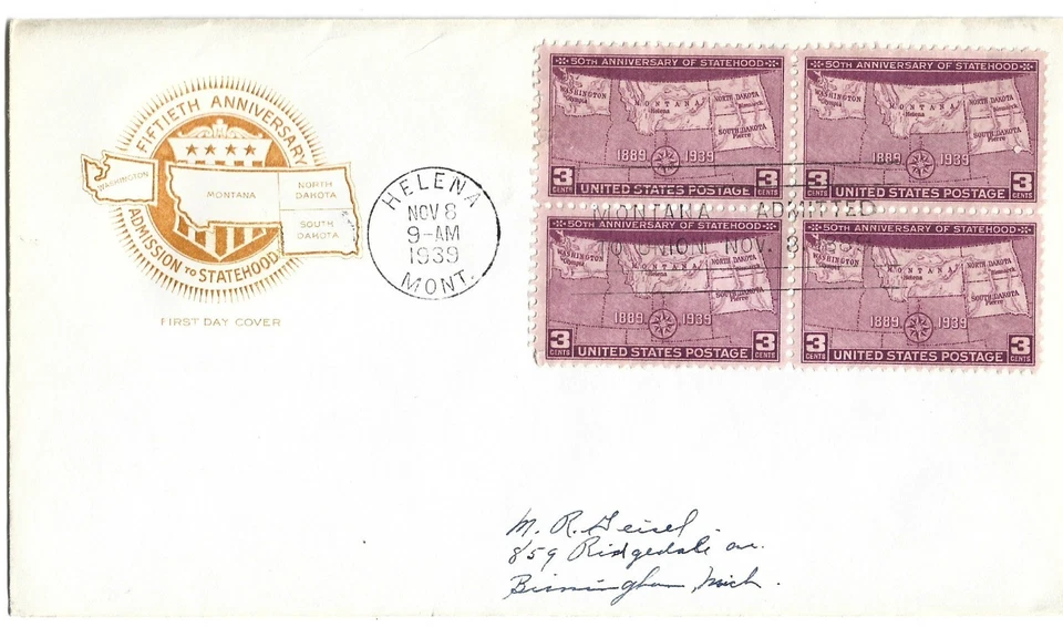 1939 FDC, 50th ANNIVERSARY ADMISSION STATEHOOD, HELENA - Image 1 of 1
