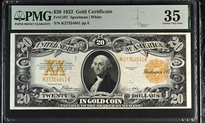 1922 $20 Gold Certificate PMG Choice CVF PMG 35 - Image 1 of 2