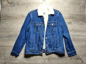 Old Navy Damen große Sherpa gefütterte Medium Wash Trucker Jeans Jeansjacke Western - Bild 1 von 11