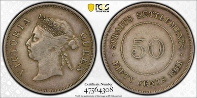 Asentamientos del Estrecho, Victoria 1901 50 centavos. PCGS VF 30. 120.000 Vintage. Foto 1 de 3