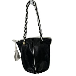 Brio! Italian black and white leather bag w/ braided handle & tassle - Picture 1 of 8